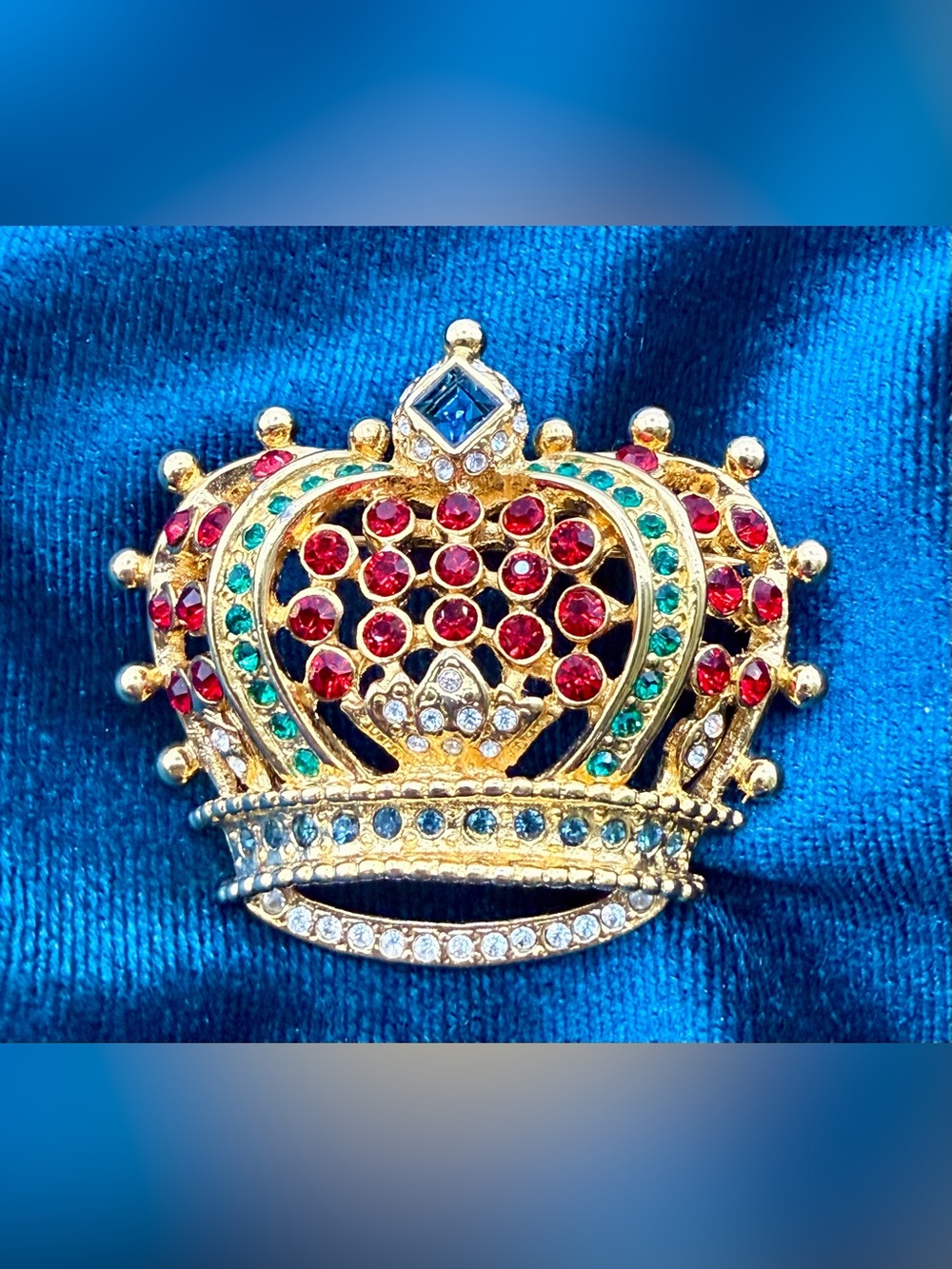 Kenneth Jay Lane Gold Crown Brooch with Red, Green, Blue and Clear Stones